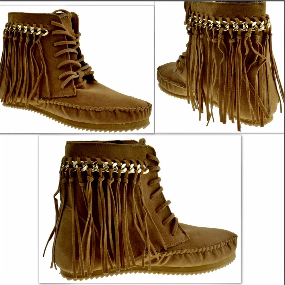 BOHO CHIC CHAIN LINK FRINGE MOCCASIN - Picture 2 of 5